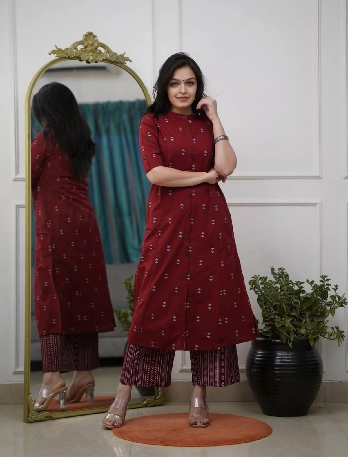 Maroon Printed Straight Kurta with Coordinated Ethnic Palazzo Set for Everyday Grace